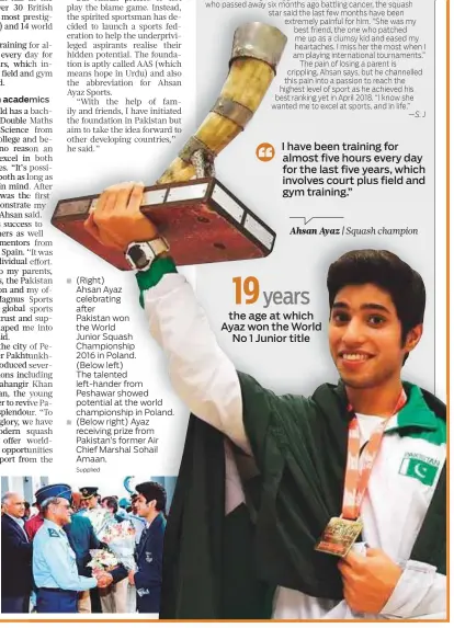  ?? Supplied ?? (Right)
Ahsan Ayaz celebratin­g after
Pakistan won the World
Junior Squash Championsh­ip
2016 in Poland. (Below left)
The talented left-hander from Peshawar showed potential at the world championsh­ip in Poland. (Below right) Ayaz receiving prize...