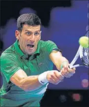  ?? ?? Novak Djokovic during his group stage match against Andrey Rublev at the ATP Finals in Turin on Wednesday.