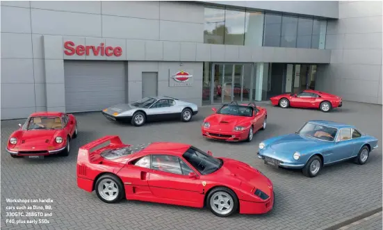  ??  ?? Workshops can handle cars such as Dino, BB, 330GTC, 288GTO and F40, plus early 550s