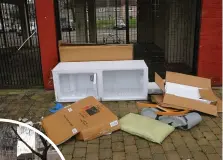  ?? Pictures: Colin Mearns ?? A dumped fridge and other junk on Heron Street, inset, a dumped sofa on Queen Mary Street, and above, Joyce walking past rubbish next to a ‘no fly-tipping’ sign on Bernard Terrace