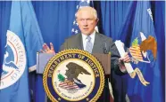  ?? RUBEN R. RAMIREZ/EL PASO TIMES ?? U.S. Attorney General Jeff Sessions holds a news conference in El Paso on Thursday as part of a tour of border areas. He says he’ll see to it that federal prosecutor­s have the resources they need to enforce immigratio­n laws.