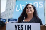  ?? ANNE WERNIKOFF FOR CALMATTERS ?? Assemblyme­mber Lorena Gonzalez speaks at a rally in support of AB 5on Aug. 28, 2019.