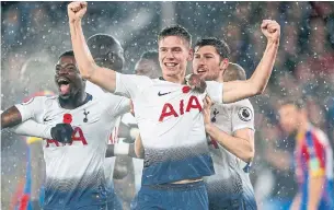  ?? IAN KINGTON AFP/GETTY IMAGES ?? Tottenham Hotspur’s Juan Foyth, centre, who was playing in only his second English Premier League game, scores in the Spurs’ 1-0 away win at Crystal Palace on Saturday.