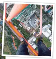  ?? FOTO-FOTO: KOLEKSI DANIEL LAU ?? ADRENALINE JUNKIE: Foto kiri, Daniel Lau dan Arief Noor Iffandy selfie di tiang yang menjulang di Wisma 46 Jakarta. Dia juga mengambil foto diri di Cemindo Tower.