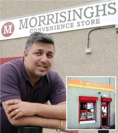  ??  ?? Brand new: Jel Singh Nagra outside his North Tyneside store and, inset, the original signage