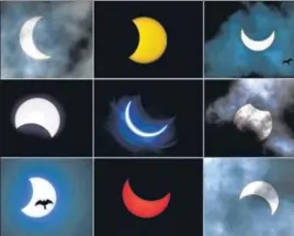  ?? PTI ?? The annular solar eclipse as seen from (top left to right) Kolkata, Coimbatore, Hyderabad, (centre L to R) Bengaluru, Ghaziabad, Patna and (bottom L to R) Chennai, New Delhi and Mumbai on Sunday.