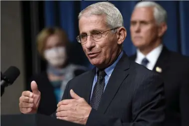  ?? SUSAN WALSH-ASSOCIATED PRESS ?? In this file photo dated June 26, Director of the National Institute of Allergy and Infectious Diseases Dr. Anthony Fauci, center, speaks as Vice President Mike Pence, right, and Dr. Deborah Birx, White House coronaviru­s response coordinato­r, left, listen during a news conference with members of the Coronaviru­s task force at the Department of Health and Human Services in Washington.