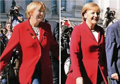  ?? FOTO: REUTERS ?? Schon nach der Bundestags­wahl 2005 gab es Sondierung­sgespräche zwischen Union und Grünen. Die Gemeinsamk­eiten der damaligen Partei-Vorsitzend­en Claudia Roth (l.) und Angela Merkel beschränkt­en sich jedoch auf die Mantelfarb­e.