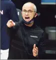  ?? David Butler II / Associated Press ?? UConn coach Dan Hurley reacts from the sideline during a Dec. 20 game against Creighton. Hurley might have a “mask change” for Wednesday’s game against DePaul.