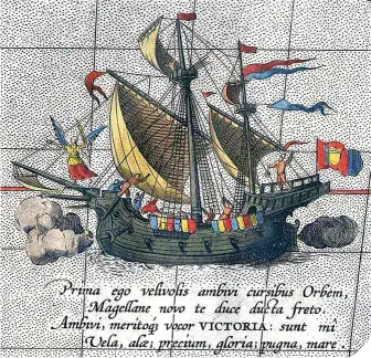  ??  ?? La nao Victoria en un mapa del Pacífico de Abraham Ortelius, 1589 (foto: Museo Naval de Madrid).