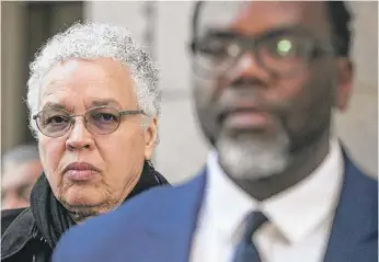  ?? PAT NABONG/SUN-TIMES FILE ?? Cook County Board President Toni Preckwinkl­e (left) attends a news conference last year to endorse thenmayora­l candidate Brandon Johnson outside City Hall.