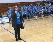  ?? BILL DEBUS - THE NEWS-HERALD ?? Madison Schools Superinten­dent Angela Smith addresses Madison High School students prior to the school’s annual Project Unify assembly on Feb. 20.