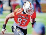  ?? [AP PHOTO] ?? South squad defensive end Marcus Davenport of the University of Texas-San Antonio runs drills during Senior Bowl practice. The 6-foot-6, 259-pounder is one of the top NFL prospects at the Senior Bowl.