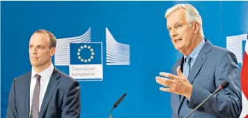  ??  ?? Dominic Raab, Brexit secretary, left, with Michel Barnier, EU chief negotiator, who rejected the UK’S latest Brexit proposals last month