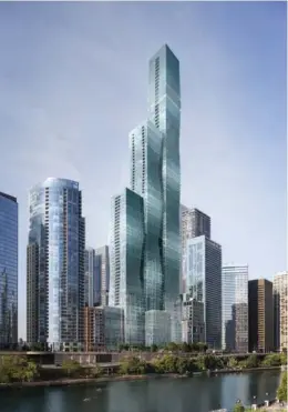  ?? PROVIDED TO CHINA DAILY ?? A rendering of the Wanda Vista Tower in Chicago, which Wanda will build for $1 billion. The 94-story, 1,200-foot-tall building is scheduled to be completed in 2020 and will be the third-tallest skyscraper in the Windy City. Wang Jianlin, Wanda Group