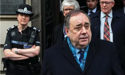  ??  ?? Alex Salmond speaks to the media as he leaves the high court in Edinburgh after being acquitted. Photograph: Andy Buchanan/AFP/Getty Images