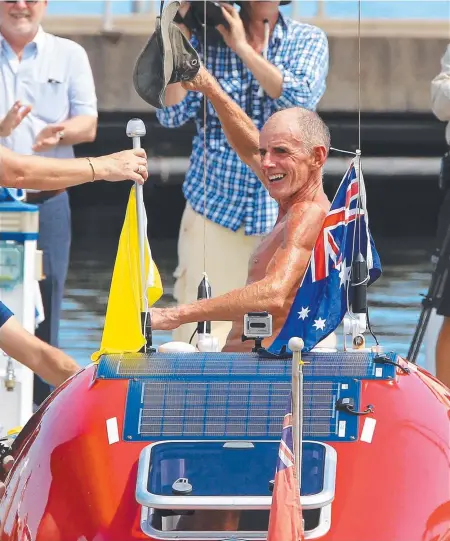  ?? Picture: JUSTIN BRIERTY ?? NEAR EXHAUSTION: John Beeden arrives at Cairns Marina after his voyage from San Francisco.