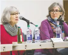  ?? MATT SMITH ?? Green party candidate Jan Norris speaks at a federal political forum hosted by the Saskatchew­an Polytechni­c Students’ Associatio­n as NDP candidate Erika Ritchie looks on in Saskatoon on Wednesday.