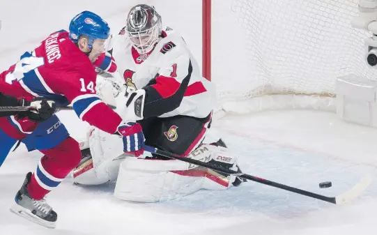  ?? GRAHAM HUGHES/THE CANADIAN PRESS ?? The Canadiens’ Tomas Plekanec moves on Senators goalie Mike Condon on Sunday.