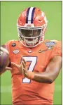  ?? Icon Sportswire via Getty Images ?? Clemson Tigers quarterbac­k Taisun Phommachan­h warms up before the Allstate Sugar Bowl against the Ohio State Buckeyes on Jan. 1 in New Orleans.