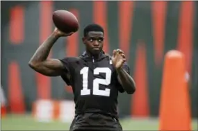  ?? RON SCHWANE — THE ASSOCIATED PRESS FILE ?? Cleveland Browns wide receiver Josh Gordon warms up during the team’s practice earlier this summer in Berea, Ohio. Gordon has ‘humbly’ returned to the team after an extended absence to deal with his health. The former Pro Bowler has missed most of the past five seasons for numerous violations of the NFL’s substance abuse policy. He has battled addictions to drugs and alcohol.