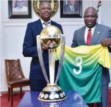  ??  ?? Lagos State Governor, Akinwunmi Ambode (right); being presented with a Cricket jersey by the President, Nigerian Cricket Federation, Prof. Yahaya Ukwenya during the ICC Cricket World Cup Trophy Tour to the Lagos House, Alausa, Ikeja…yesterday