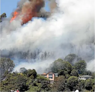  ?? MARTIN DE RUYTER/STUFF ?? Kent Robertson fled his house on the bottom right of this photo as the fire roared above Iwa Rd, Nelson.