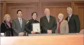  ?? SUBMITTED PHOTO ?? Plymouth Township Council (from left) Lenore Bruno, Council Vice Chair Christophe­r Manero, Council Chair Marty Higgins, Karen Bramblett and David Gannon congratula­te Lt. Karen Mabry on her years of service.