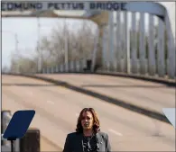  ?? (AP/Mike Stewart) ?? Vice President Kamala Harris speaks Sunday in front of the Edmund Pettus Bridge in Selma, Ala., during a ceremony commemorat­ing the 59th anniversar­y of the Bloody Sunday march in 1965.