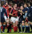  ??  ?? Flashpoint: Munster players including Alan Quinlan clash with Castres during their tempestuou­s clash in 2004