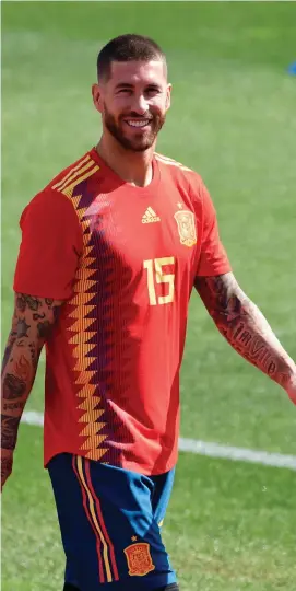  ??  ?? Sergio Ramos is all smiles during training with Spain yesterday in Madrid as they prepare for the World Cup