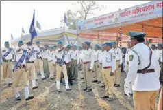  ?? RAHUL RAUT/HT PHOTO ?? ■ Members of the Samata Sainik Dal during a march past on January 1 in Bhima Koregaon. The organisati­on was set up by BR Ambedkar in 1926 to protect Dalits and today counts over 25,000 volunteers and exarmy personnel from the Mahar regiment.