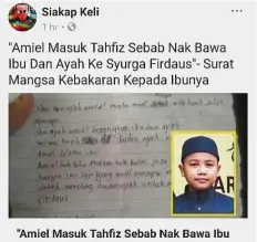  ??  ?? Tragic: A post on Facebook showing the handwritte­n note from Amiel Ashraaf.