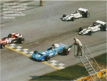  ??  ?? Howden thought he’d jumped the start; Amon is in the blue Matra, Ickx is in the Ferrari, while Howden and redhelmete­d teammate Siffert share row two