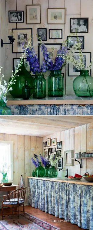  ??  ?? RIGHT: Vintage green glass vases are filled with blooms amidst a gallery wall of family photos. BOTTOM RIGHT: The kitchen is not a working kitchen — yet. “It’s more of a bar right now, but we plan to install a range,” says designer Emily Griffin. The desk was one of her first-ever junk shop purchases. Captain’s chair, Kate Thornley-Hall. OPPOSITE: Emily (pictured beside Norman, with Max, Grace and Oscar above) repurposed the barn’s windows, doors and side lights from older cottages on the property as they were being renovated. Exterior door and trim colour, Copley Gray (HC-104), Benjamin Moore.