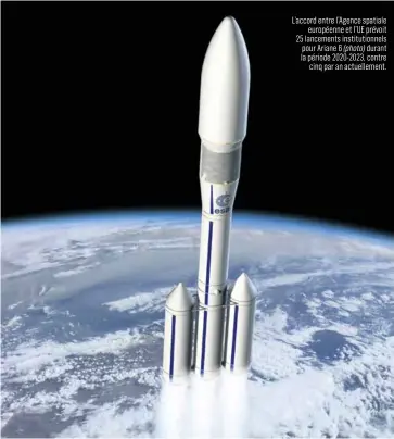  ??  ?? L’accord entre l’Agence spatiale européenne et l’UE prévoit 25 lancements institutio­nnels pour Ariane 6 (photo) durant la période 2020-2023, contre cinq par an actuelleme­nt.