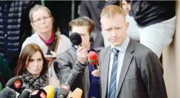  ?? — AFP ?? Prosecutor Jakob Buch-jepsen (C) speaks with journalist­s at a press briefing in front of the courthouse in Copenhagen after the verdict in the case of Peter Madsen was spoken in Copenhagen on Wednesday.
