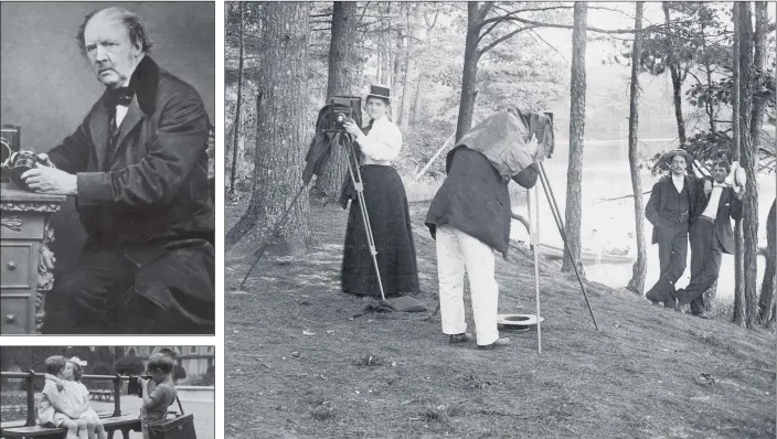  ?? PICTURE: HULTON ARCHIVE/GETTY IMAGES. ?? CAMERAS AT THE READY: A woman adjusts her camera as a man takes a photograph of two men in the woods, early 1900s.