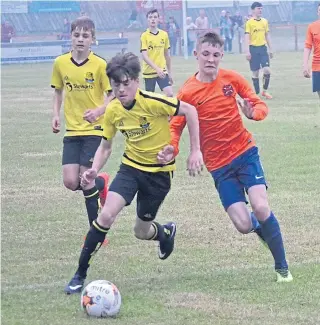  ??  ?? Pitfour U/14 (yellow) battled it out with Fairmuir to win the East Region Cup at Tayport on Sunday.