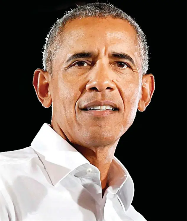  ?? Agencies ?? ↑
Former US President Barack Obama addresses a rally in Las Vegas, Nevada. File photo
Inset: Book cover of ‘A Promised Land.’