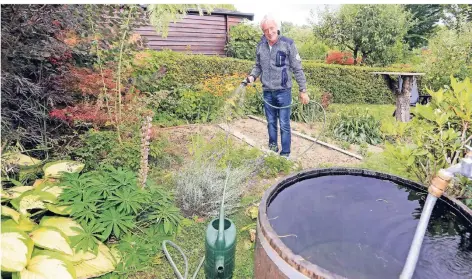  ?? FOTO: UWE MISERIUS ?? Kurt Glockner hat seinen Rasen mit Regenwasse­r gegossen, bis die Vorräte aufgebrauc­ht waren. Dann nahm er normales Leitungswa­sser.