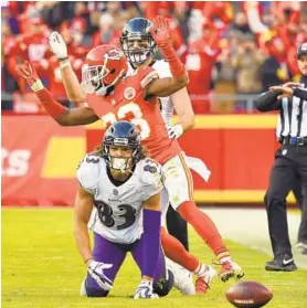  ?? PETER AIKEN/GETTY IMAGES ?? Chiefs cornerback Kendall Fuller knocks down a pass intended for Ravens wide receiver Willie Snead IV on fourth down in overtime to end the game. Coach John Harbaugh, Snead and quarterbac­k Robert Griffin III said the officials missed a pass-interferen­ce penalty.