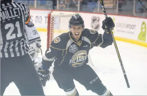  ?? JASON MALLOY/THE GUARDIAN ?? Charlottet­own Islanders veteran Daniel Hardie celebrates after scoring the first goal of Saturday’s game with the Rimouski Oceanic.