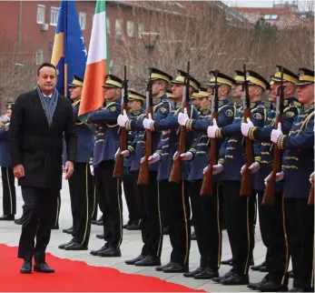  ?? ?? Duties: Taoiseach Leo Varadkar meets Irish peacekeepe­rs in Kosovo yesterday