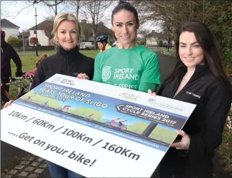  ??  ?? Lorraine McDonnell and Jessica Farry, The Sligo Champion, who are the main media sponsors with Eve McChrystal, Paralympic­s Cyclist, at the launch of Sport Ireland Yeats Tour of Sligo which is on April 29th and 30th
