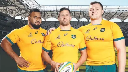  ?? ?? Wallabies Taniela Tupou, David Porecki and Angus Bell are all excellent rugby union players, and their administra­tive body should be promoting them and rugby instead of a political cause. Picture: Matt King/getty Images