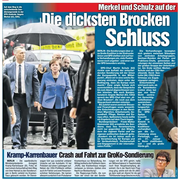  ??  ?? Auf dem Weg in die entscheide­nde Sondierung­srunde in der SPD-Zentrale: Angela Merkel (63, CDU).