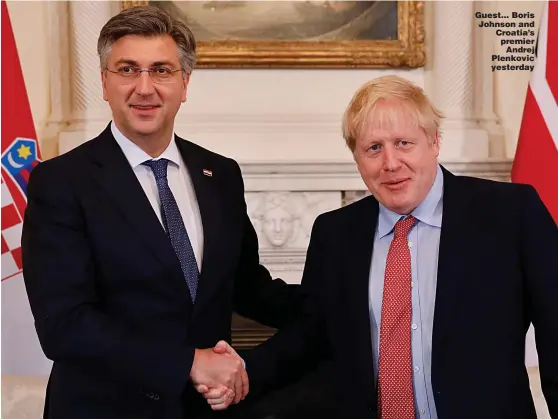  ?? Picture: TOLGA AKMEN/AFP ?? Guest... Boris Johnson and Croatia’s premier Andrej Plenkovic yesterday