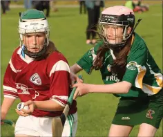  ??  ?? Caoimhe Browne of Loreto takes on Isobel Kavanagh (Ballindagg­in). The Loreto (Gorey) girls who played their part in a memorable final.