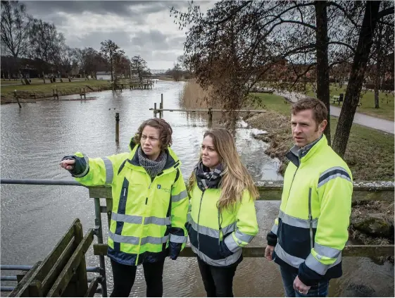  ?? Bilder: KAJSA SJÖLANDER ?? VALLAR MOT VATTNET. Liw Rehnström, Andrea Anderberg och Mathias Pedersen driver projektet med det kommande översvämni­ngsskyddet i Kolla.